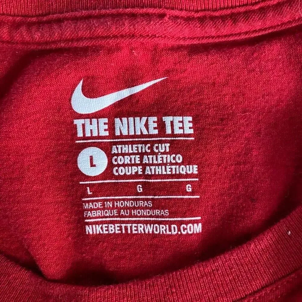 The Nike Tee Shirt Womens Large Red Blue Letters Short Sleeve Athletic Cut
